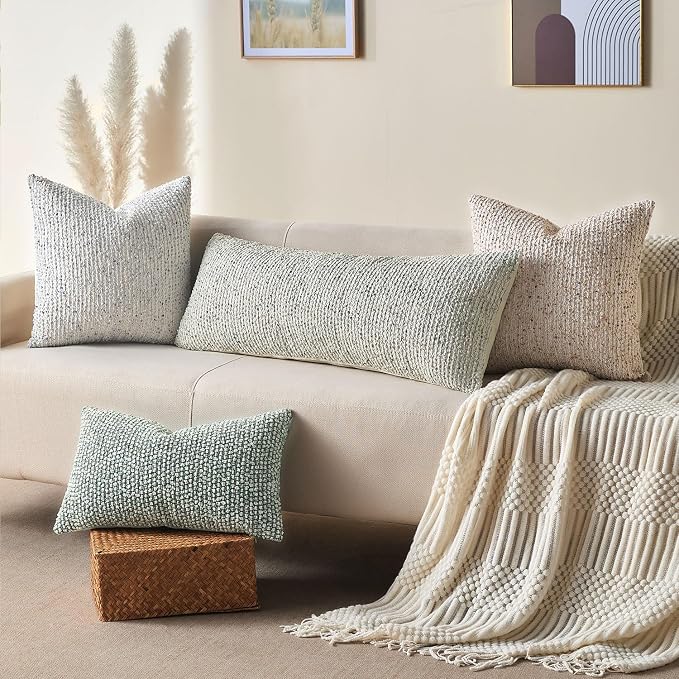 Allorry Soft Wool Decorative Throw Pillow Covers 14x36 Cream Gray SY011B14 | Cozy Soft Touch,Neutral Textured Boho Cushion Covers for Modern Farmhouse Sofa Bedroom Living Room Decor