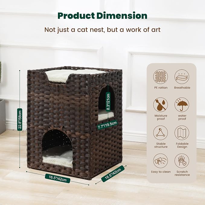 Cat Bed for Indoor Cats, a Stylish Cat Hideaway & Cat House - Handwoven Rattan Cat Cave Bed with Soft Cushion, Foldable Cat Cubes for Indoor Cats, Sturdy Cat Perch & Furniture Coffee Brown