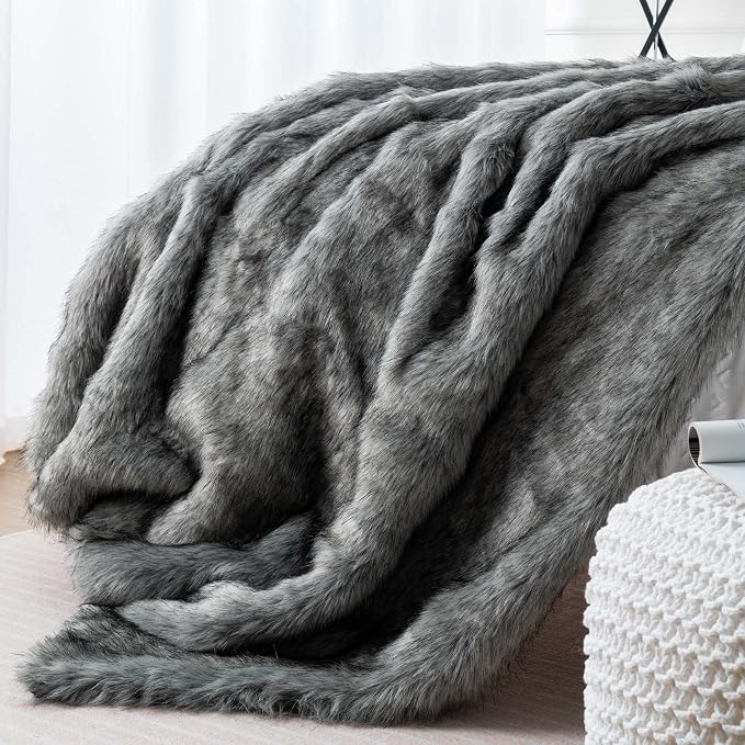 BATTILO Luxury Silver Grey Faux Fur Throw Blanket for Couch, 50"x60", Thick | Soft Cozy Plush Warm Elegant Furry Fluffy Faux Fur Blanket for Bed, Sofa, Living Room, Long Pile with Black Tips