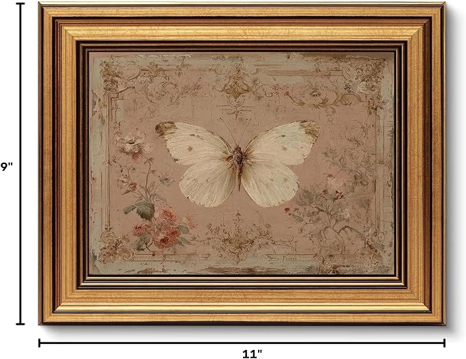 Gold Framed Wall Art, Vintage White Butterfly Canvas Prints, French Country Antique Insect Picture Wall Decor, Neutral Pink Cottagecore Artwork for Living Room Bedroom 9x11 inch