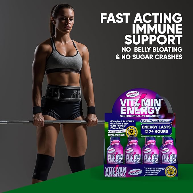 Vitamin Energy Immune+ Extra Strength Energy Shot Grape 8 Pack, 260mg Natural Caffeine, B-Vitamins, Citicoline, Green Tea, Immunity & Focus Support, Zero Sugar, Gluten-Free 1.93 fl oz
