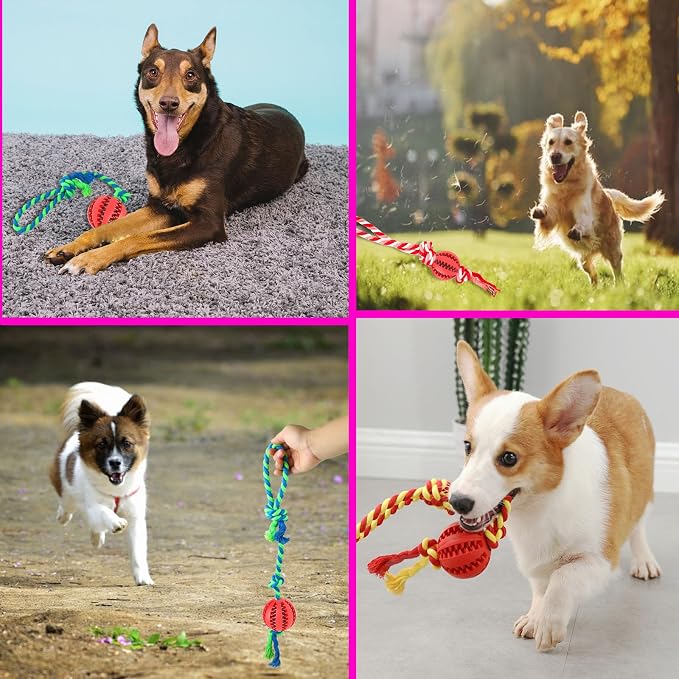 Engorgio Interactive Dog Chew Toys Crate Training Aids for Puppies, Puzzle Treat Dispenser with Rope Dogs Toy Ball Reduce Stress Anxiety Peanut Butter Dog Food Treat Dispenser Toys (Red)