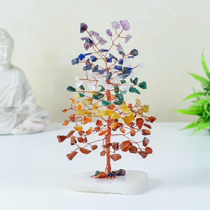 Crocon Crystals Heart Base Tree 7 Chakra Healing Stones Reiki Crystals Tree Life Spiritual Meditation Energy Home Room Office Desk Decor Pink Gifts for Women Men & Mom Birthday Present