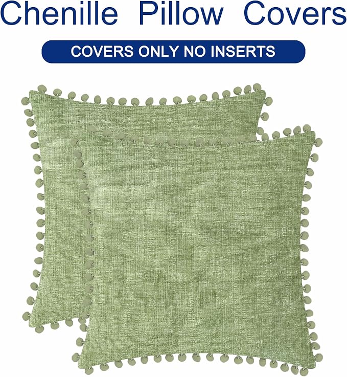 CaliTime Decorative Couch Throw Pillow Covers 16 X 16 Inches Sage | Pack of 2, Cozy Chenille Cushion Cases, with Pom Poms for Sofa Bed Living Room Farmhouse Home