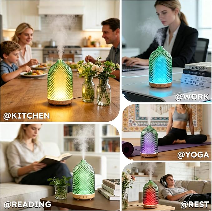 Essential Oil Diffuser, 3D Diamond Glass Aromatherapy Diffuser with Ultrasonic Cool Mist, 7 Color LED Lights, 1/2/4H Timer, Quiet Auto Shut-Off Oil Diffuser for Bedroom, Home, Office (Green)