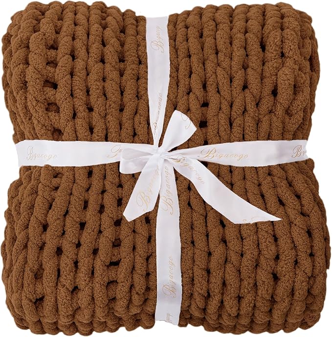 Bigacogo Chunky Knit Throw Blanket for Couch, 40x80 inches, Caramel | Hand Knit with Jumbo Chenille, Soft Breathable Cable Knit for Sofa Bed Living Room, Machine Washable, Gift for Mom Friend