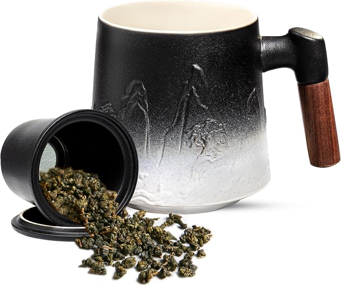 suyika Ceramic Tea Cup with Infuser and Lid, Gradient Embossed Large Tea Mug Wooden Handle for Steeping Loose Leaf, Tea Lover Gifts 15.2 oz / 450 ml,Matte Black