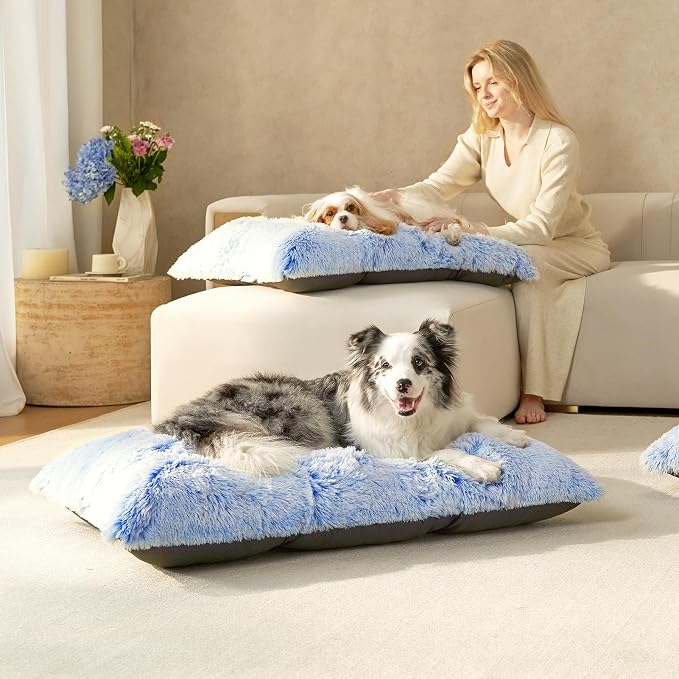 EHEYCIGA Fluffy Dog Crate Bed, Plush Extra Large Dog Pillow, Blue | Xlarge Calming Anti Anxiety Plush Faux Fur Mat for Large size dogs, Washable Soft Warm Dog Pad with Non-Slip Bottom