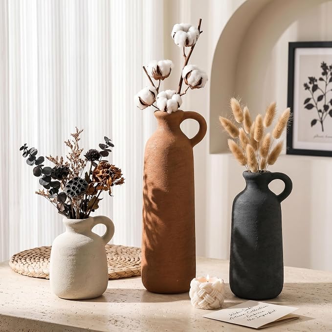 Ceramic Vase Set, 3Pcs Flower Vases for Modern Boho Farmhouse Decor, Decorative Vases for Pampas Grass & Dried Flowers, Distressed Finish