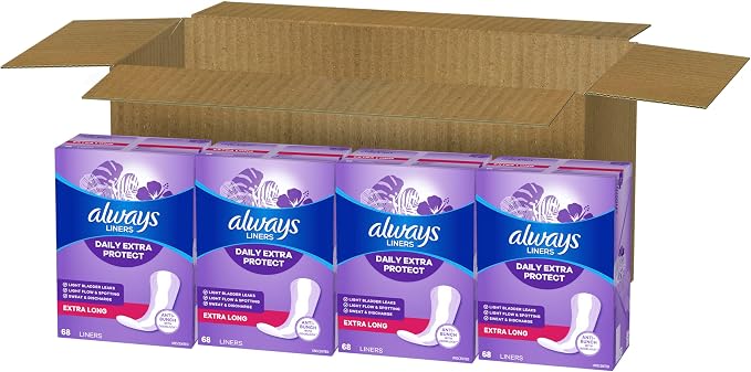 Always Panty Liners for Women Anti-Bunch Xtra Protection Daily Liners, Extra Long, Unscented, 68 Count x 4 (272 total)