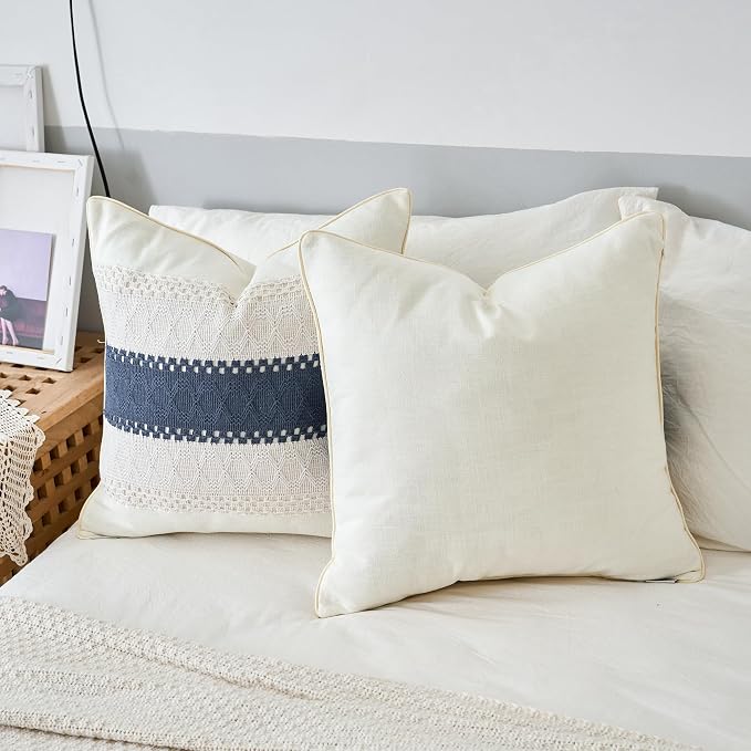 Throw Pillow Covers 1PC for Living Room, Cotton & Burlap, Boho Sytle Decorative Home (Beige & Blue, 16x16 Inch)