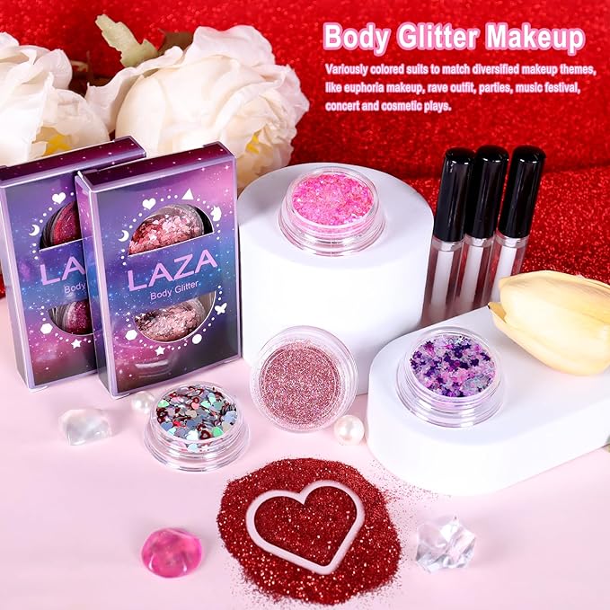 Laza 2 Jars Body Glitter for Valentine’s Day Hair Accessories Heart Glitter Holographic Chunky Sequins with Glitter Glue for Women Makeup Face Paint Festival Rave Outfits Party Costumes- Colorful Love