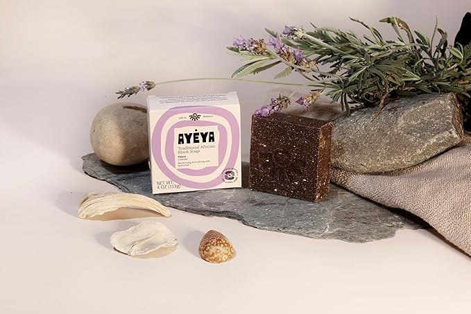 AYÉYA African Black Soap Bar, Lavender (Peace) – Exfoliating Bar Soap for Dry, Combination, Sensitive, Acne-Prone Skin, 4 Oz