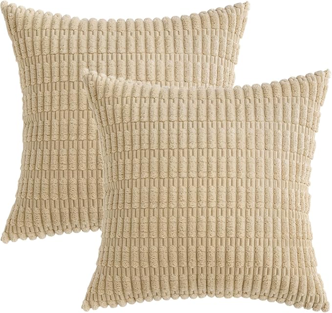 MIULEE Corduroy Decorative Throw Pillow Covers 16x16 Tan Pack of 2 | Soft Neutral Boho Striped Pillow Covers Modern Farmhouse Home Decor For Sofa Living Room Couch Bed