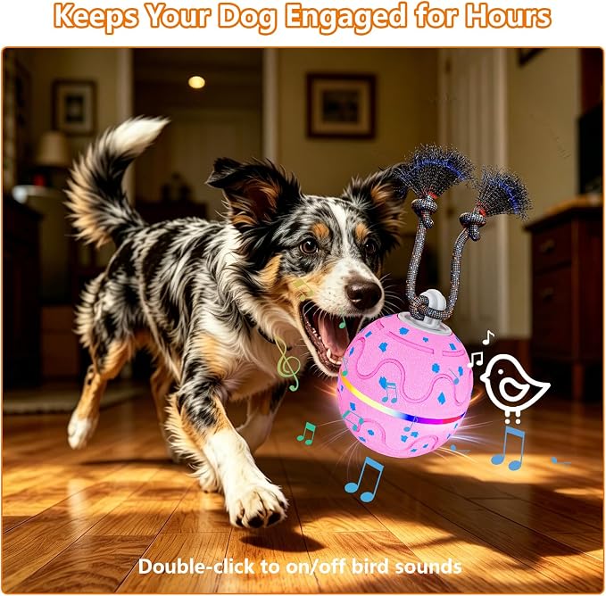 Interactive Dog Ball Toy with 2 Rope, Automatic Rolling & Bouncing Smart Dog Toy with Bird Chirping Sound and LED Light, Soft ETPU Chew-Safe Material, USB Rechargeable, for Medium & Large Dogs