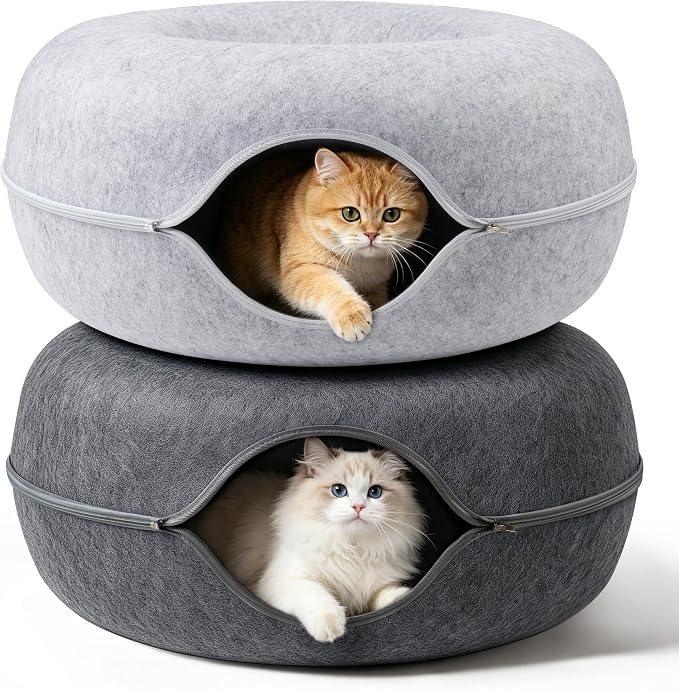 Cat Caves for Indoor Cats, Large Cat Tunnel for Multiple & Large Cats, Scratch Detachable Cave Bed, Kitten Donut Kitty Hideaway Up to 45 Lbs (Dark Grey +Light Grey, Jumbo, 2 Pack)