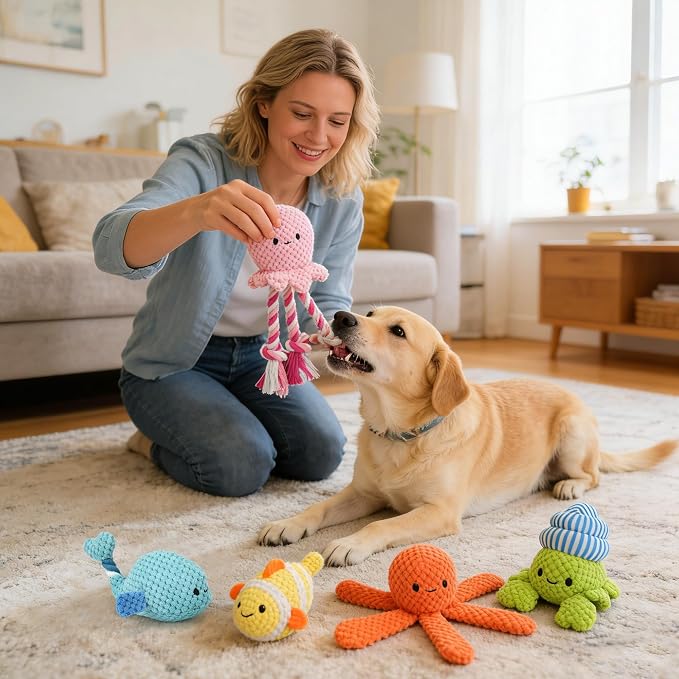 PrimePets 5 Pack Squeaky Dog Toys, Plush Crinkle Dog Toys for Small Medium Dogs, Stuffed Tough Puppy Chew Toy to Keep Them Busy, Interactive Pet Toy