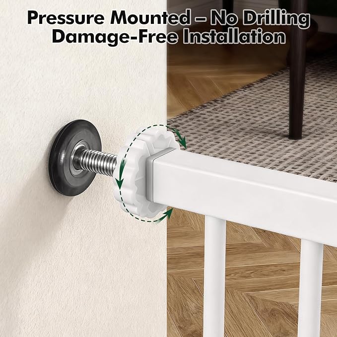 31-46“ Metal Pet Gate with Cat Door, Auto Close,White | Pressure Mounted,Two-way swing door,Pressure mounted no drill setup,adjustable 31-46in width for indoor doorways & stairs