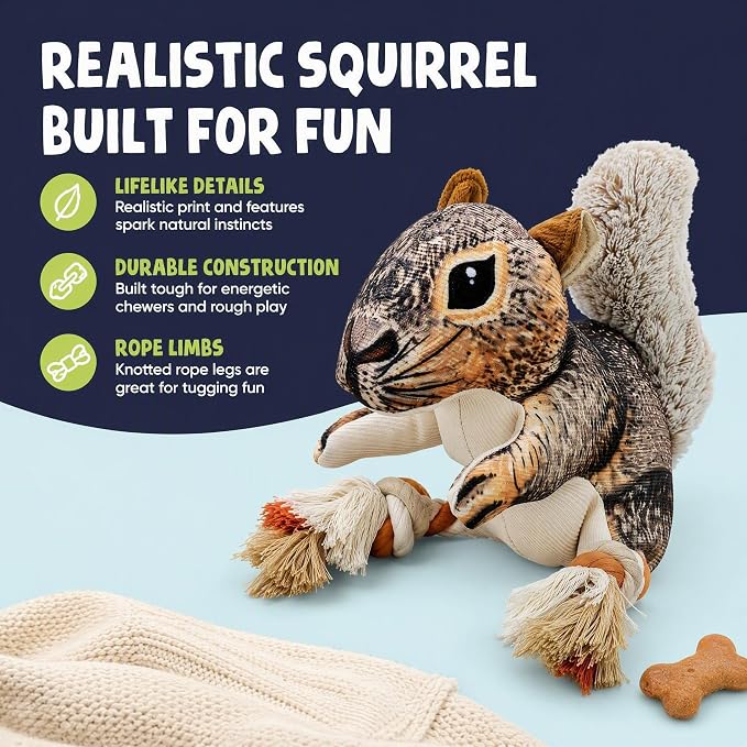 Tough Squeaky Dog Toys for Aggressive chewers Interactive to Keep Them Busy, Durable Funny Cute Tug of war Rope Birthday Dogs Toy for Small Medium Large (Squirrel)