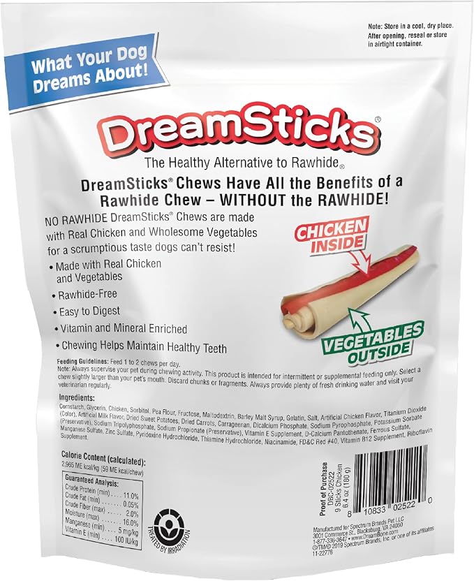 DreamBone DreamSticks, Rawhide Free Dog Chew Sticks Made with Real Chicken and Vegetables, 9 Sticks | Daily Chew, Digests Safely and Completely, Made With Real Chicken and Veggies, For Adult Dogs