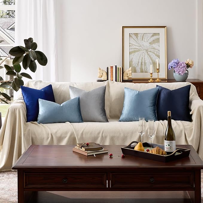 GIGIZAZA Stone Blue Velvet Throw Pillow Covers 20x20 Pack of 2 | Decorative Pillows for Couch Sofa,280gsm Soft Textured Fabric,Modern Square Pillowcases,Luxury Cushion Covers