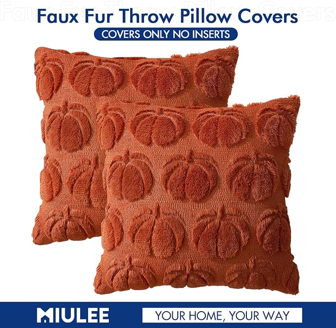 MIULEE Fall Pillow Covers Pumpkin Fall Decor 18x18 Rust | Set of 2 Fall Decorations for Home, Plush Faux Fur Farmhouse Accent Pillowcases, Porch Sofa Couch Cushion Bed Livingroom