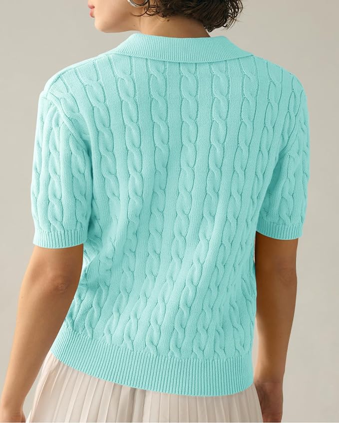 Imily Bela Womens Cable Short Sleeve Sweaters Tops Lapel V Neck Knit Shirt | Solid,Knit Casual,Soft Pullover,Fall Sweaters,Womens Summer Work Tops