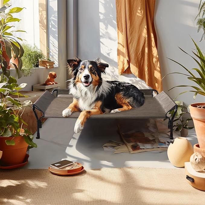 Veehoo Cooling Elevated Dog Bed, Raised Dog Cot with Guardrail & Headrest | Washable Dog Couch Bed for Indoor & Outdoor, Durable Breathable Teslin Mesh, Non-Slip Feet, Large 47" x 32", Brown