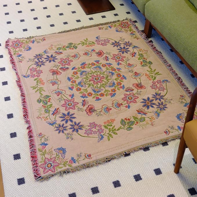 Mandala Flower Boho Throw Blanket for Couch Bed Chair Lounge Hippie Room Decor Reversible Cotton Woven Whimsical Throw Blanket Witchy Room Decor Throws Bed Spread Outdoor Camping Blanket 51x59 Inches