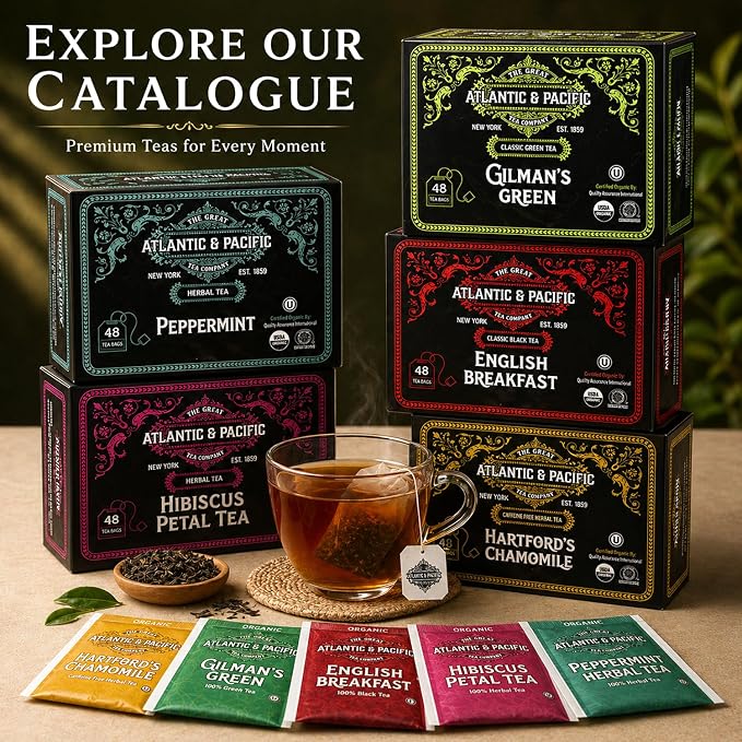 A&P Organic English Breakfast Tea Bags, 48 Count, Full Bodied Rich Black Tea, Bold Flavor, Smooth Finish, Premium Black Tea, Hot or Iced Tea, Morning and Evening Tea, Fresh Aroma, Classic Blend