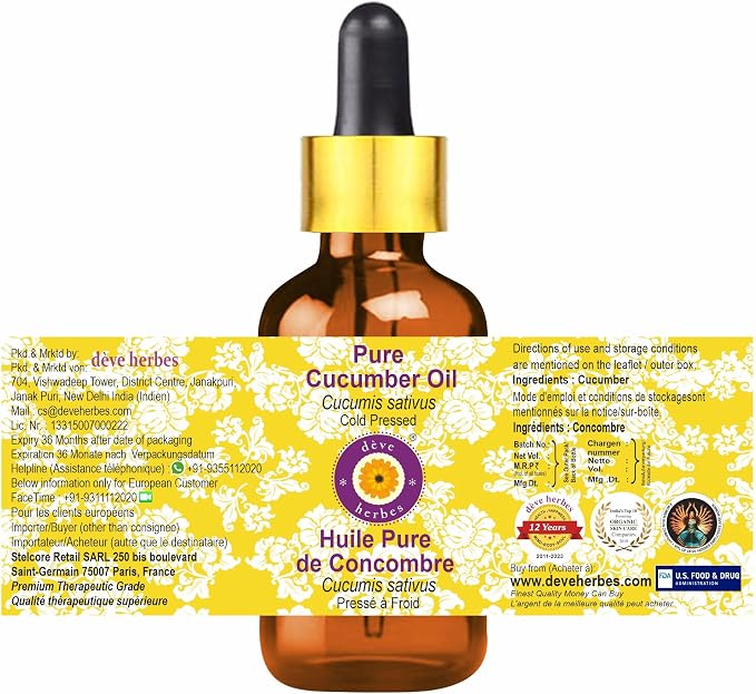 Deve Herbes Pure Cucumber Oil (Cucumis sativus) with Glass Dropper Cold Pressed 10ml (0.33 oz)
