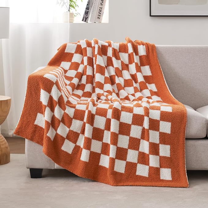 Snuggle Sac Checkered Bedding Blanket Twin Size 60x80, Super Soft, Cozy Warm Knit Blankets, Reversible Breathable Lightweight Fluffy Throws for Travel, Bed, Checkered Burnt Orange, 60x80 Inches