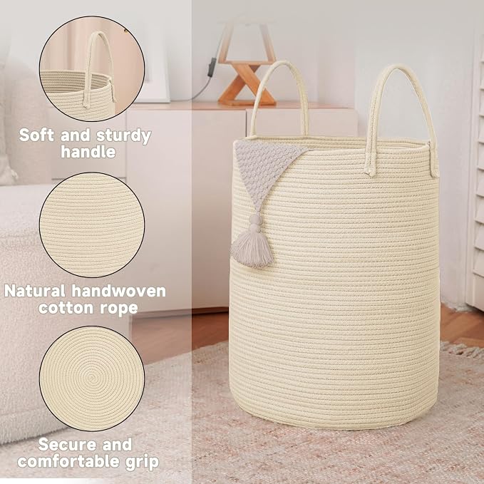 JMvicyroam 80L Cotton Rope Laundry Basket Hamper, Beige | Collapsible laundry basket, reinforced handles, freestanding, machine washable, holds 3-5 thick blankets, clothes or toys