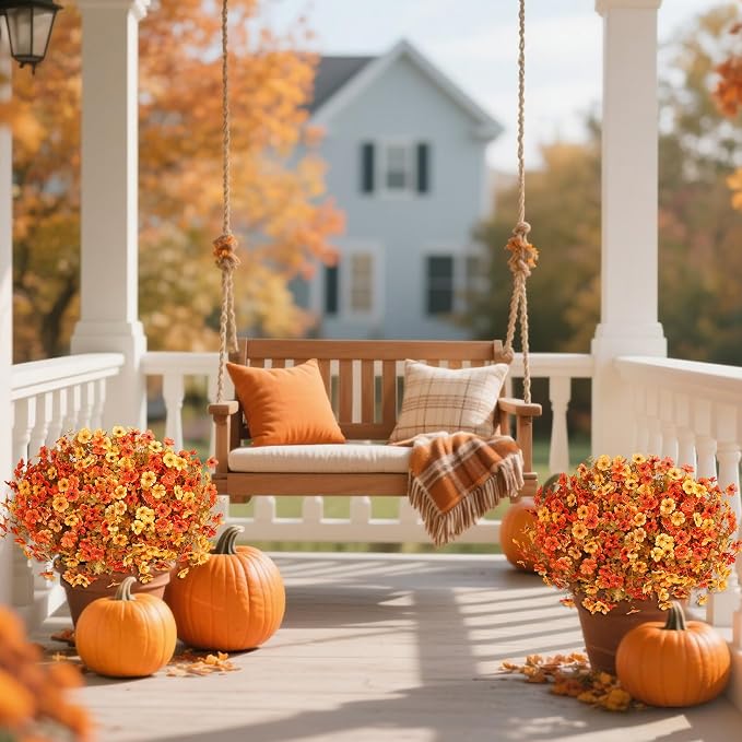 24 Pcs Artificial Fall Flowers, Fake Mums Outdoor, Mixed Orange | Lifelike faux mums, silk flower, UV resistant, no-maintenance, for autumn Thanksgiving garden porch yard indoor outdoor decor
