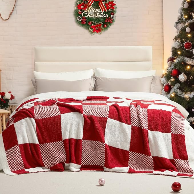 Snuggle Sac Checkered Blanket, Buffalo Plaid Checker, Lux Soft Fuzzy Cozy, Reversible Knitted, Red White, 60x80 inches