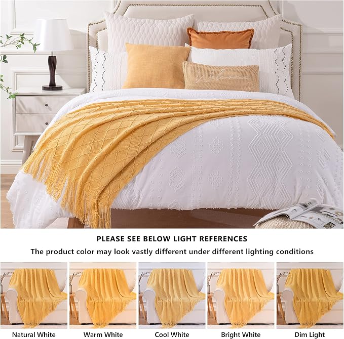 BATTILO HOME Mustard Throw Blanket with Fringe Geometric Bed Gold Yellow Throws Breathable Decorative Large Throw for Couch Sofa Indoor Outdoor (Mustard, 50"x60")