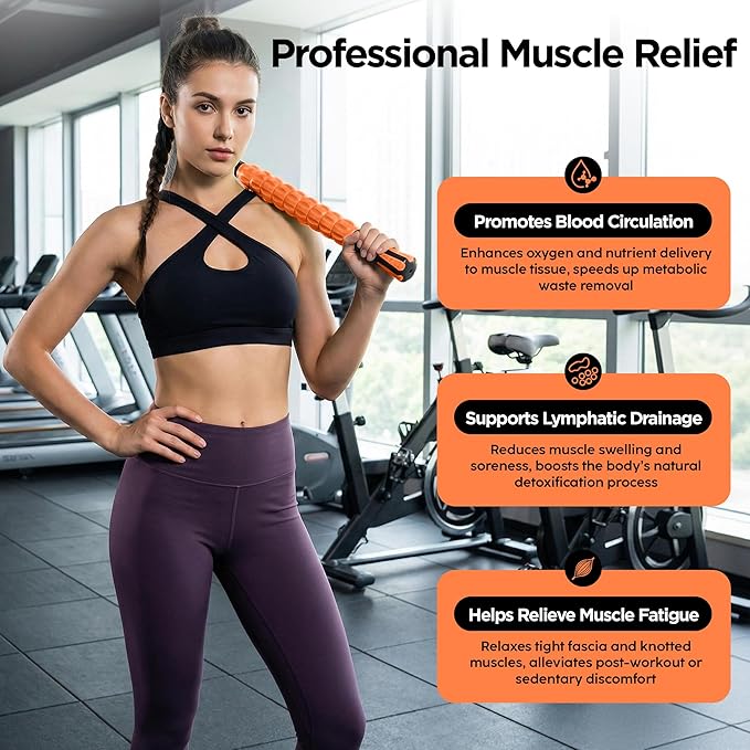 Muscle Roller & Massage Roller Stick for Athletes - Lymphatic Drainage Support, Relieves Muscle Soreness, Cramping & Tightness - Targets Legs, Arms, Back & Calves (Orange - 18inch)