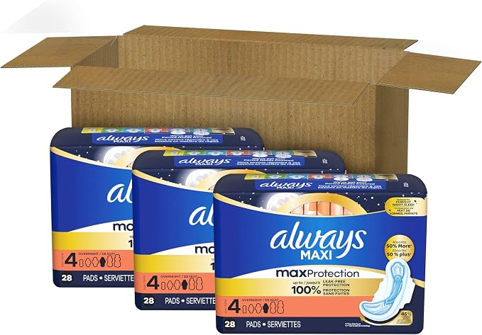 Always Maxi Overnight Pads with Wings for Women, Size 4, Overnight Absorbency, Unscented, 84 Count (3 Packs of 28)