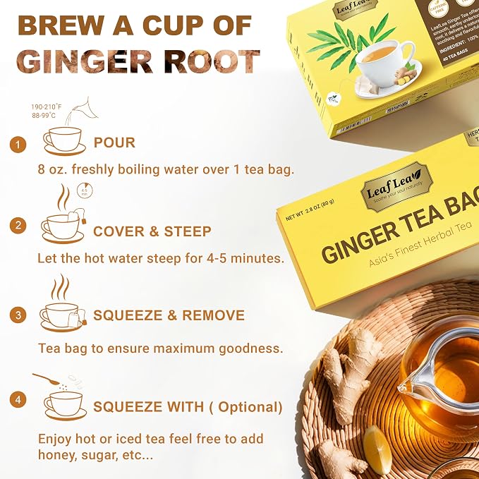 LeafLea Ginger Tea Bags, Strong Ginger Herbal Tea, 160 Count Bulk | Spicy Single-Ingredient Brew, Individually Foil-Wrapped, Best-Value Stock-Up, Supports Digestion, Caffeine-Free