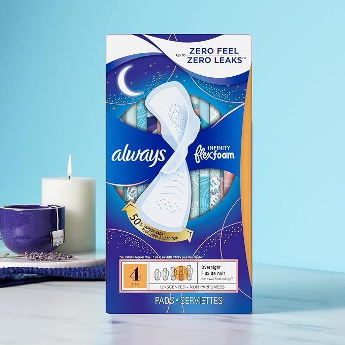 Always, Infinity With FlexFoam Pads For Women, Size 4, Overnight Absorbency With Wings, 26 Count