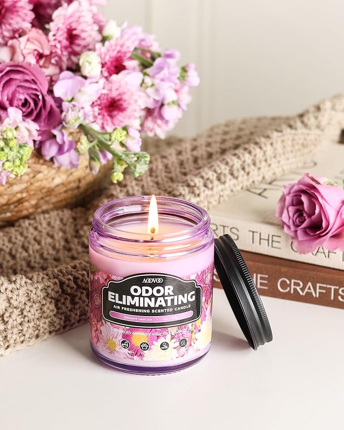 AOOVOO Dreamy Garden Odor Eliminating Highly Fragranced Candle - Eliminates 95% of Pet, Smoke, Food, and Other Smells Quickly, Non Toxic Air Freshing Soy Candle, Up to 50 Hours Burn time