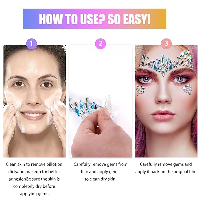 SAOROPEB Face Gems - 6 Sets Mermaid Face Jewels Temporary Tattoo Stickers Acrylic Crystal Glitter Stickers Waterproof Eye Gems Stick On Rainbow Tears Rhinestone for Party, Rave Festival