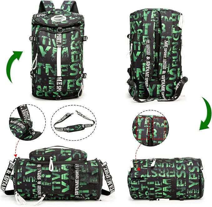 Gym Duffle Bag Backpack with Shoe Compartment,4 ways Travel Backpack for Women and Men,Multi-Functional Weekender bag with Waterproof Layer&Laptop Compartment for Fitness, Travel,Camping