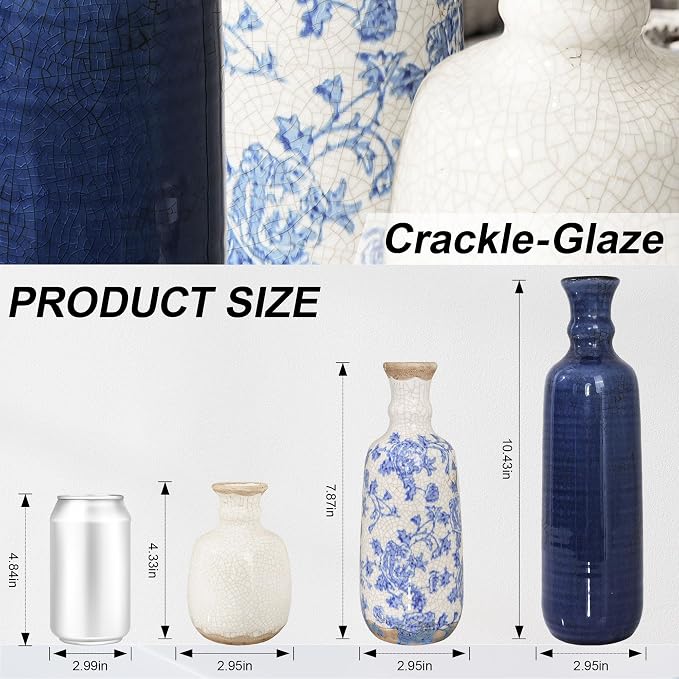 Ceramic Vase Set, 3Pcs Flower Vases for Modern Boho Farmhouse Decor, Decorative Vases for Pampas Grass & Dried Flowers, Distressed Finish