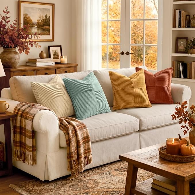 MIULEE Fall Teal Orange Decorative Throw Pillow Covers 18x18 Inch Set of 4 Boho Corduroy Striped Cushion Cases Modern Farmhouse Patchwork Pillow Cases for Couch Sofa Bedroom Home Decor