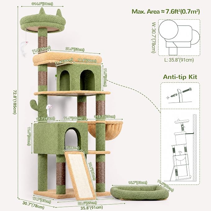 Globlazer Heavy Duty Cactus Cat Tree for Large Cats, Sturdy 72in Maine Coon Cat Tree for Large 20 lbs+ Cactus Cat Tower for Adult Biggest Cats with 6 Scratching Posts, Hammock, S72, Green