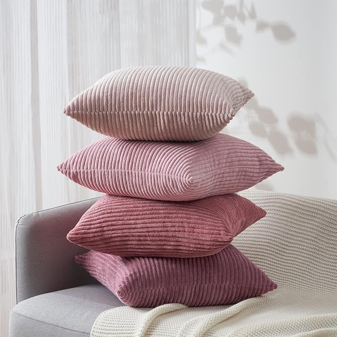 Topfinel Throw Pillow Cover 4pc Set - Multi Pink Combo - 26" x 26" Solid Cozy Corduroy Square Accent Decorative Cushion Case for Couch Sofa Chair Bed & Home, Only Covers