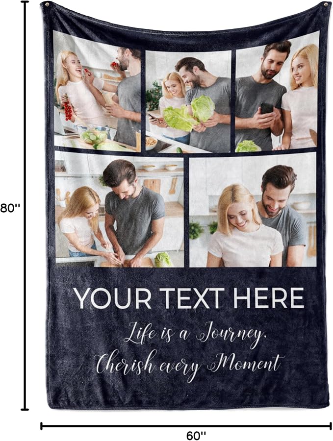 Personalized Photo & Text Blanket, Custom Picture Fleece Throw (5-Pic) | Printed in USA, ships next day, add 1-9 photos & custom text, fleece or sherpa, family keepsake gift, cozy home decor