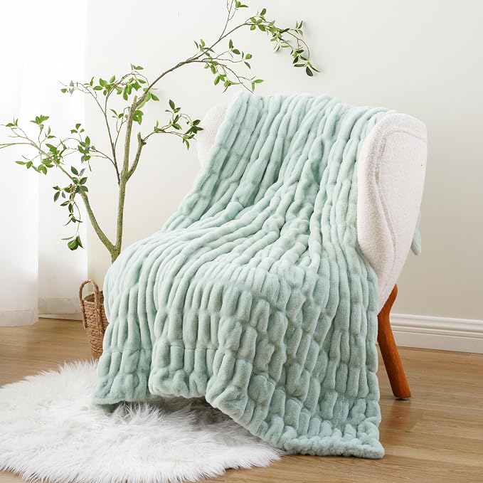 BATTILO Super Soft Faux Fur Throw Blanket for Couch, 60"x80", Sage Green | Sage GreenThrow Blanket, Double Side Cozy Warm Soft Minky Bubble Blanket For Bed, Sofa Living Room