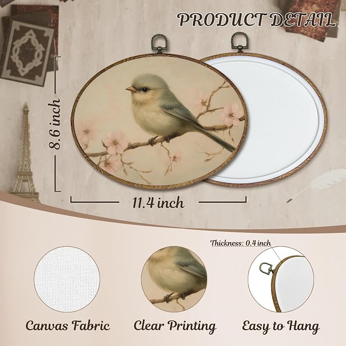 LKETW Vintage Bird Oval Wall Art Decor, Rustic Farmhouse Oval Canvas Hanging Decor, Cottagecore Country Floral Bird Wall Decorations for Home Bedroom Living Room, 8.6x11.4 Inch